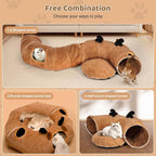 Cat Tunnel Bed with 20 Pcs Interactive Toys, 3-in-1 DIY Collapsible Plush Cat Tube with Washable Mat, Large Indoor Play Tunnel Cave for Kittens and Small Animals
