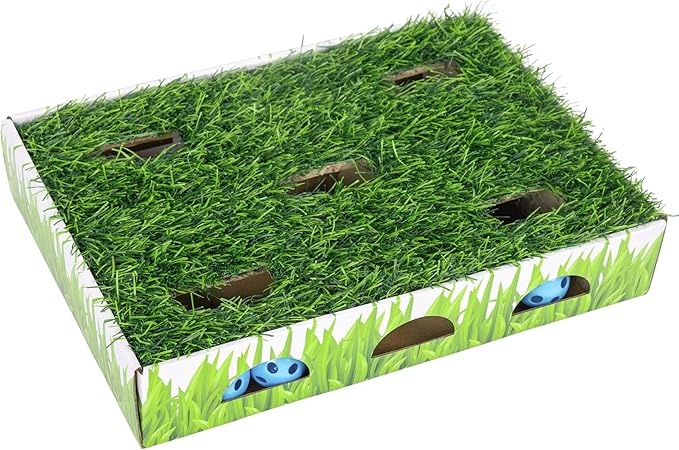 Catstages Grass Patch Hunting Box - Interactive Indoor Cat Toy with Faux Grass & 3 Jingle Balls - Encourages Exercise, Mental Stimulation & Natural Hunting Instincts