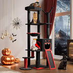 YITAHOME Gothic Cat Tree with Coffin Bed, 60" Tall Cat Tower for Indoor Cats with Top Perch, Spacious Cat Condos, Spider Hanging Balls,Comfy Basket, Scratching Post and Ladder, Black Halloween