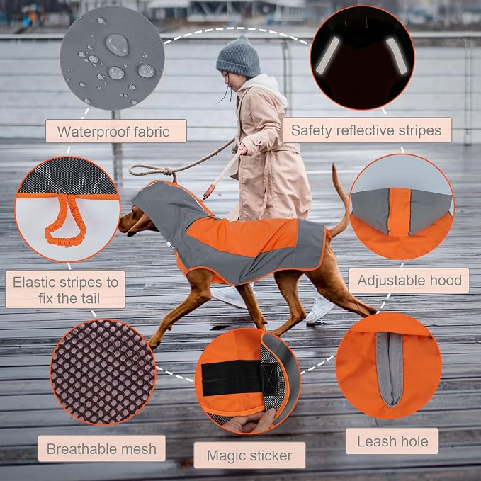 IECOii Dog Raincoat,Waterproof Rain Jacket for Medium Dogs,Adjustable Pet Rain Coat with Magic Sticker Closure,Reflective Doggy Raincoat with Hood,Perfect for Night Walking,Orange,M