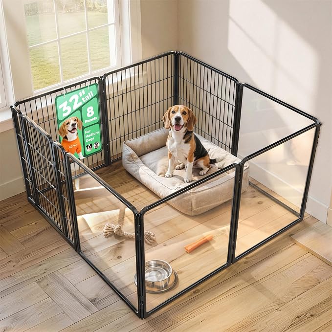 FXW AuraSpace Pro Acrylic & Wire Mesh Indoor Dog Playpen, 32" H, 8 Panels | Clear View, Heavy-duty Metal, Flexible Layouts, Easy Walk-Through, For Small & Medium Dogs, Patented
