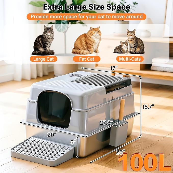 XXXL Stainless Steel Litter Box for Big Cats, Jumbo Metal Litter Box | 14" High Sides, Adult Cats，Multiple Cats,Extra Large Cat Litter box With Lid/Cover, Never Absorbs Odors, 28"x20"x14"