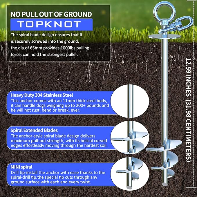 TOPKNOT Dog Tie Out Cable and Stake,360°Swivel Dog Run Anchor，with 30FT Heavy Duty Cable- No Tangle,Dog Runner for Yard - Up to 150LBS,Ideal for Outdoor Camping