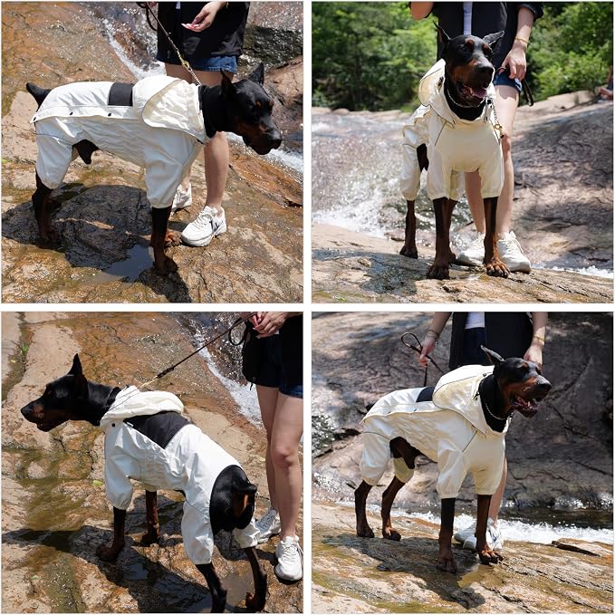 LOVELONGLONG Waterproof Dog Raincoat with Removable Hood – Outdoor Full Body Dog Jacket, Windproof Snowproof Shell Suit – All Season Pet Rain Gear Ivory XL