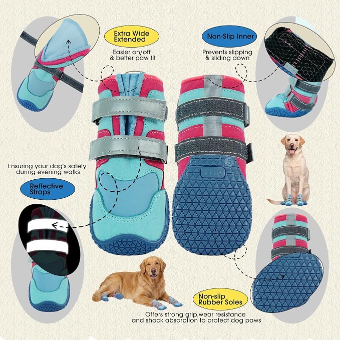Lelepet 4pcs Dog Shoes for Hot Pavement,Dog Booties for Large Size Dogs | Breathable dog booties with reflective double straps protect paws from hot pavement and outdoor terrain. Blue