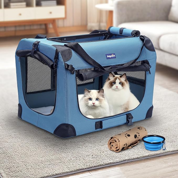 Petprsco Portable Collapsible Dog Crate, 24" Soft Dog Crate for Car Travel | Small Dog Crate Kennel 24”*17”*17” with Soft Blanket and Foldable Bowl for Large Cats & Small Dogs Indoor and Outdoor Use