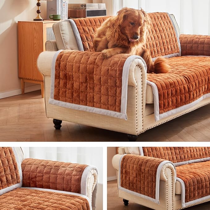 Couch Cover for Dogs Washable,Non-Slip Fuzzy Sofa Covers for Pets | Thick Soft Furniture Protector Fits Loveseat & Sectional,Against Fur&Dirt (Curry, 2pc/22"x28"-Arm/Backrest Cover)