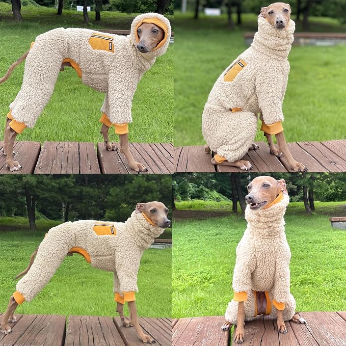 D Doggy Star Italian Greyhound Sweater Turtleneck Outfit Warm Fleece Onesie Clothes Whippet for Dog Coat (L,Mustard Pkt)