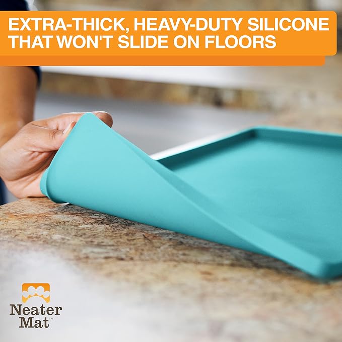 Neater Pet Brands Neater Mat Pet Mats for Food and Water, Cat & Dog Bowl Mat Waterproof Silicone, Feeding Tray, Dog Food Mats for Floors, Placemat w/Raised Edge for Under Bowls, 24” x 16”, Aquamarine