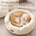 FUKUMARU Round Cat Bed, Plush Washable Calming Dog Bed with Low Entry | Raised Bolster Small Dog Bed, Soft Cozy Donut Cat Bed for Indoor Cats, Faux Rabbit Fur & Anti-Slip Bottom, 20 Inch, Cream