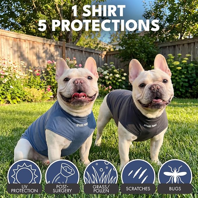 Spark Paws Sunblock Dog T-Shirt, SPF30 Protection, Lightweight Breathable Quick Dry for Dogs with Sensitive Skin - Navy Blue & Dark Grey (Set of 2) - Size S