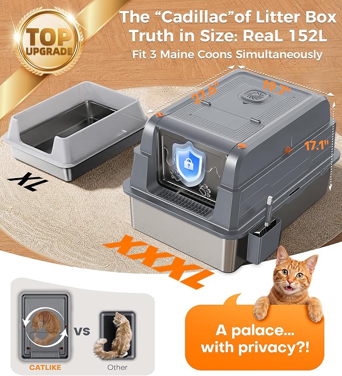 CATLIKE XXXL Stainless Steel Cat Litter Box - 3-Layer Urine Leak-Proof, Enclosed Design w/Charcoal Filter for Maine Coon & Multi-Cat Homes, Includes Metal Scoop & Extra Large Mat (2026 Upgrade)