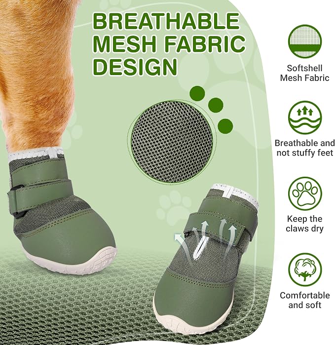 DcOaGt Dog Shoes for Large Dogs XXL,Mesh Breathable Dog Boots & Paw Protectors for Hot Pavement Summer Winter Snow, 360°Anti-Slip Dog Booties for Hiking/Walking,Military Green 4PCS(Size 9)