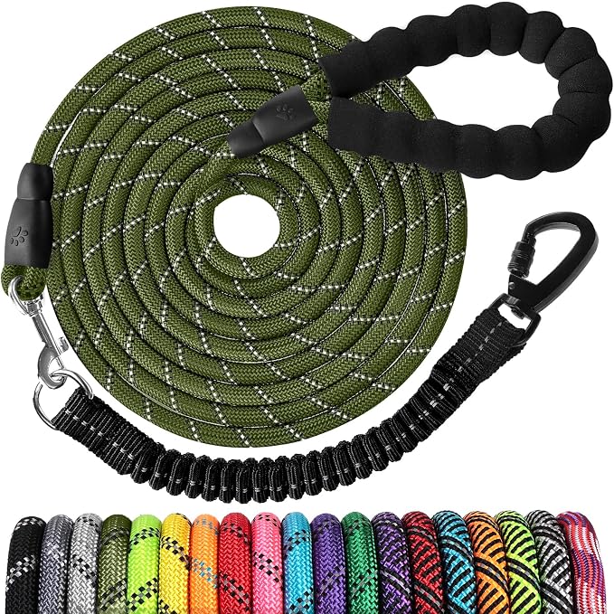 jenico Long Dog Leash 10FT: Heavy Duty Nylon Rope Leashes for Dogs Training with Reflective Threads Bungee and Padded Handle - Dog Lead for Large Small Medium Dogs Outside Walking Hiking