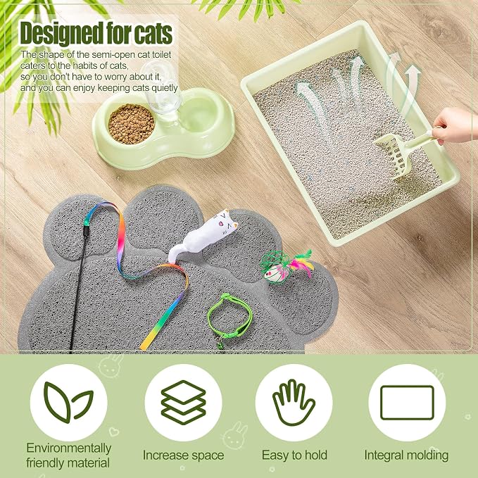 7 Pcs Small Cat Kitten Starter Kit Cat Litter Box with Shovel Paw Litter Mat Double Automatic Kitten Bowls Toy Teaser Stick Collar Essentials Kits for 1-3 Lbs Beginner(Simple,Green)