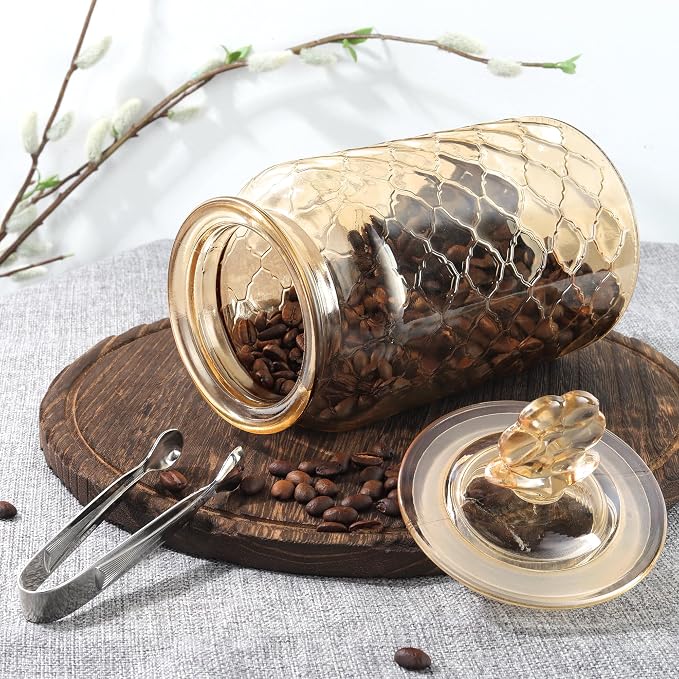 Joeyan 45 oz Amber Glass Storage Jar with Airtight Glass Lids, Vintage Embossed Food Container, Decorative Kitchen Canister Organizer for Candy, Flour, Coffee Bean, Pet Treats