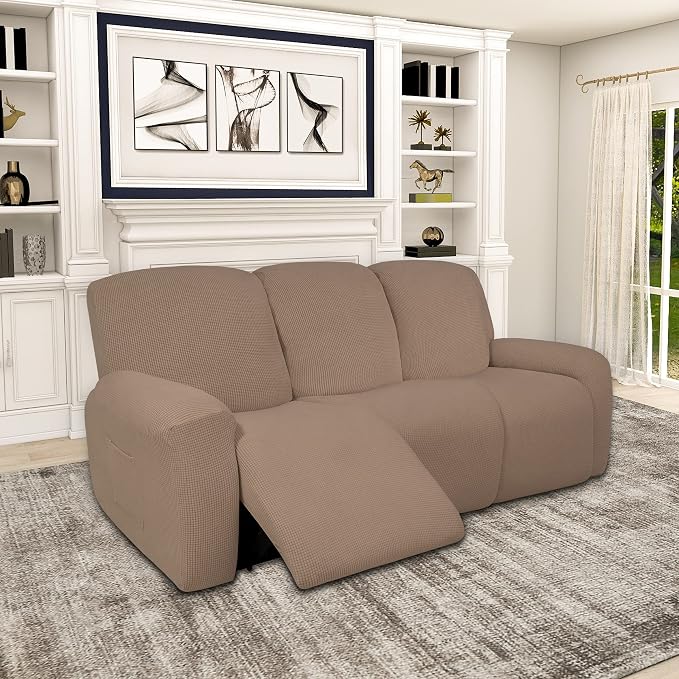 Easy-Going 100% Dual Waterproof Recliner Sofa Cover, 8-Pieces Stretch Relining Couch Cover with Pocket, Jacquard 3 Seat Sofa Slipcover Leakproof Washable (Sofa, Camel)