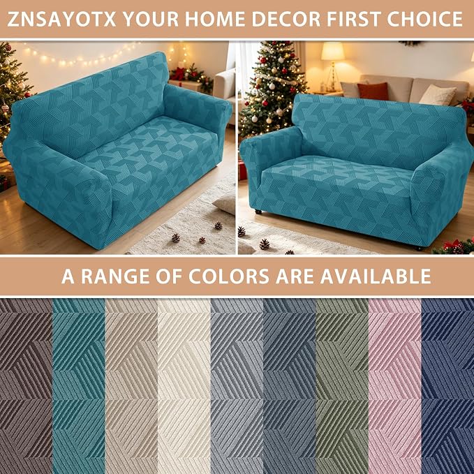 ZNSAYOTX Stretch Couch Covers for 2 Cushion Couch, 1-Piece Loveseat Covers Sofa Slipcover, Furniture Protector with Elastic Bottom for Dogs Geometrical Jacquard Fabric (Medium, Peacock Blue)