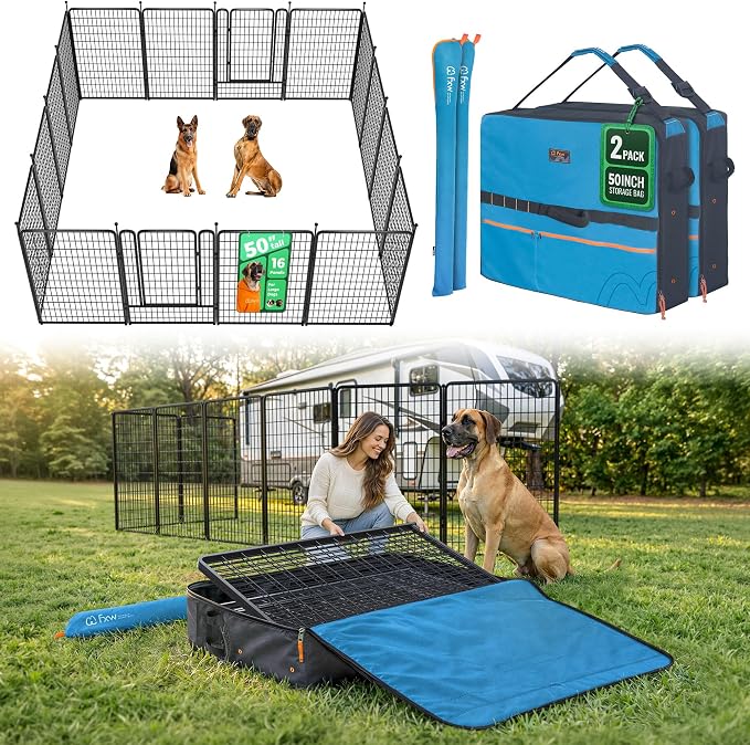 FXW Rollick Unleashed Dog Playpen for Indoor, Yard, RV Camping, 50 inch 16 Panels Dog Pen with Playpen Storage Bag (2 Packs) for Large Dogs, Black│Patented