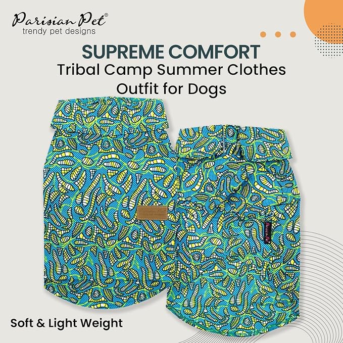 Parisian Pet Tribal Leaves Dog Shirt - Cotton Clothes for Medium Dogs - Stylish Tropical Dog Outfit - Lightweight and Soft Puppy Clothes - Trendy Tshirts for Dogs - Comfortable Summer Camp Pet Apparel