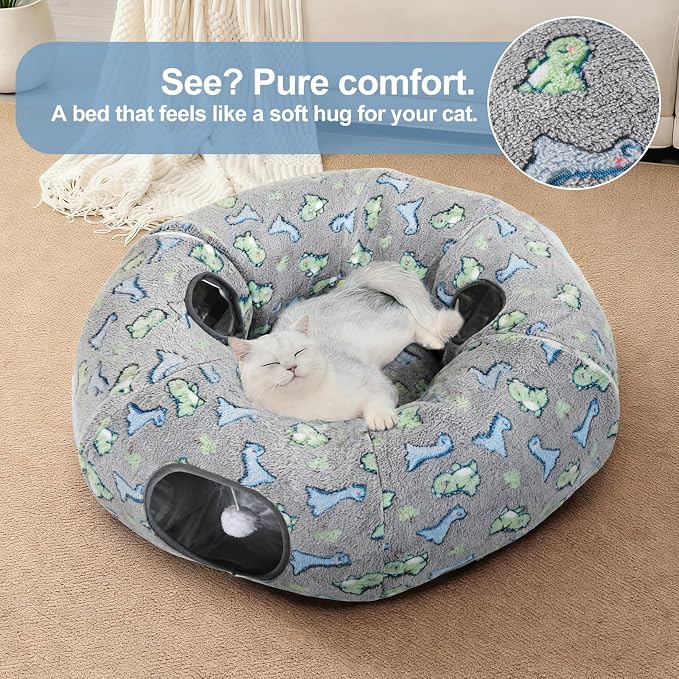 Cat Tunnel Bed, Foldable Cat Donut Tunnel with Removable Cushion & Toy Ball, Stress Relief Fun, Round Pet Play Tunnel for Indoor Cats, Kittens and Small Pets (3D Dinosaur Pattern)