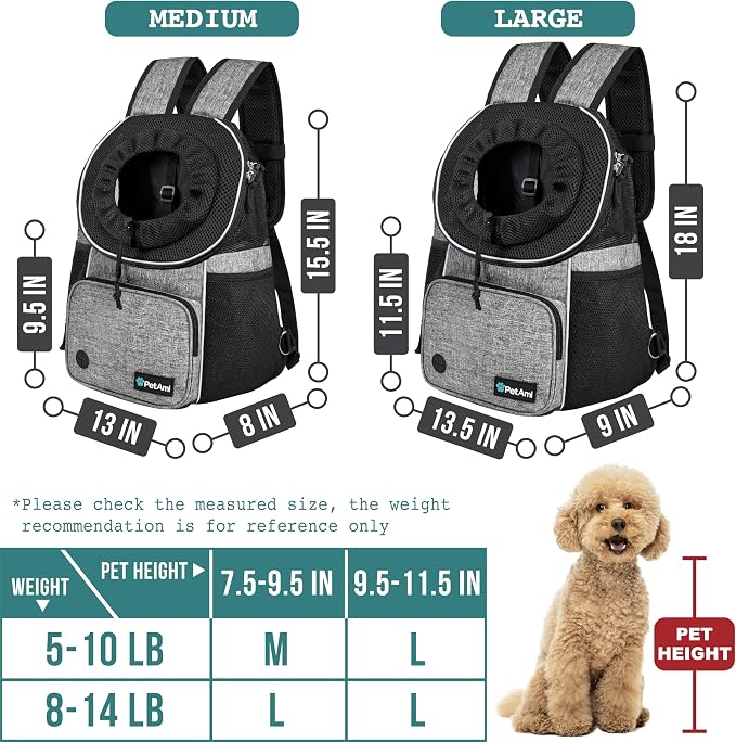 PetAmi Dog Front Carrier Backpack, Adjustable Dog Pet Cat Chest Carrier Backpack, Ventilated Dog Carrier for Hiking Camping Travel, Small Medium Puppy Large Cat Carrying Bag, Max 15 lbs, Gray
