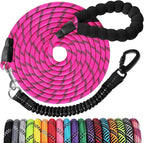 Long Dog Leash 40 FT: Heavy Duty Rope Leashes for Dogs Training with Swivel Lockable Hook Reflective Threads Bungee and Padded Handle - Dog Lead for Large Small Medium Dogs Outside Walking Hiking Pink