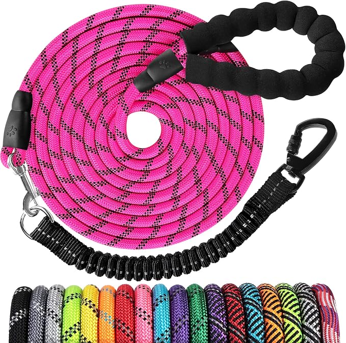 Long Dog Leash 40 FT: Heavy Duty Rope Leashes for Dogs Training with Swivel Lockable Hook Reflective Threads Bungee and Padded Handle - Dog Lead for Large Small Medium Dogs Outside Walking Hiking Pink