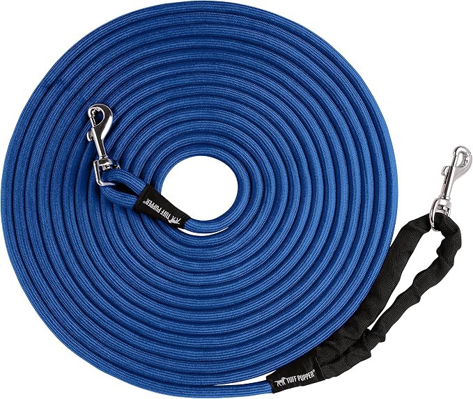 Tuff Pupper Heavy Duty 30 Foot Long Rope Leash for Dogs | Dog Recall Training Lead | High Visibility Strong Climbing Rope Leash | Hand or Waist Worn | Stainless Steel 360° Clips for Tangle Free Use