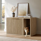Evermagin 31.5" Cat Litter Box Enclosure Furniture with Cat Scratch Pad | Oak Hidden Litter Box Cabinet, Modern Indoor Cat House, Large Fluted Kitty End Table for Living Room, Bedroom, Entryway