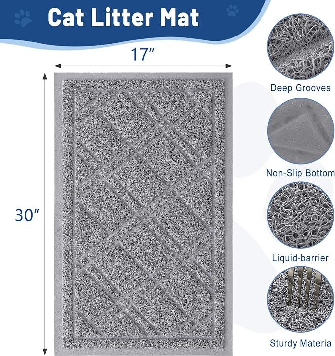 Smiry Cat Litter Box Mat 30x17, Non-Slip Water Resistant Litter Trapping Mat, Easy Clean Less Waste and Urine-Locking Cat Carpet for Indoor, Grey