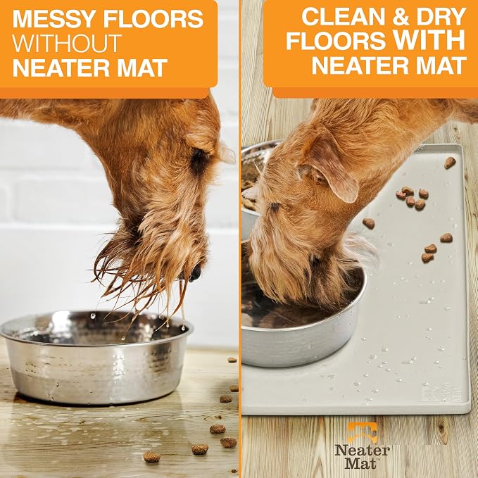 Neater Pet Brands Neater Mat Pet Mats for Food and Water, Cat & Dog Bowl Mat Waterproof Silicone, Feeding Tray, Dog Food Mats for Floors, Placemat w/Raised Edge for Under Bowls, 19” x 12”, Cream