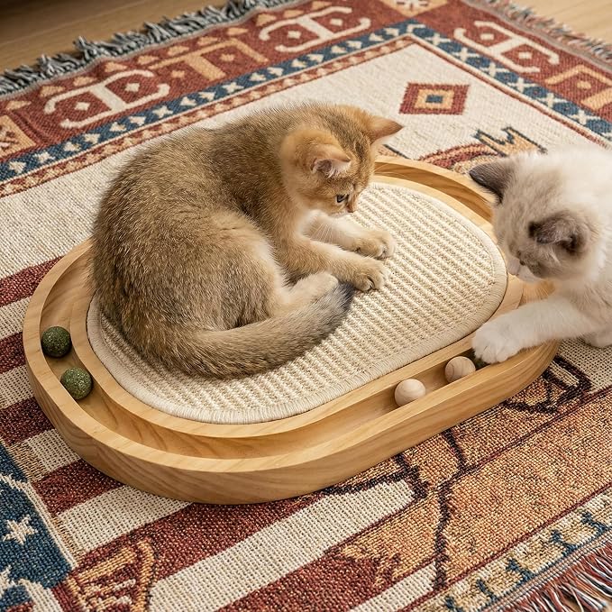 Sisal Cat Scratcher Toy with Ball Track, Natural Scratching Pad | Wooden Cat Toy with Non-Slip Base, For Indoor Cats, Suitable for Kittens and Medium Cats, No Assembly Required