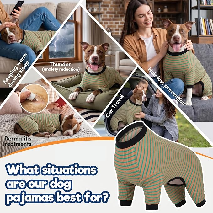 LovinPet Big Dog Pajamas, Cotton Brown and Green Stripe Dog Shirt, Stop Shedding for Dogs, Pet Pajamas for Dogs, UV Protection, Pitbull Clothes, Pet PJ's, M