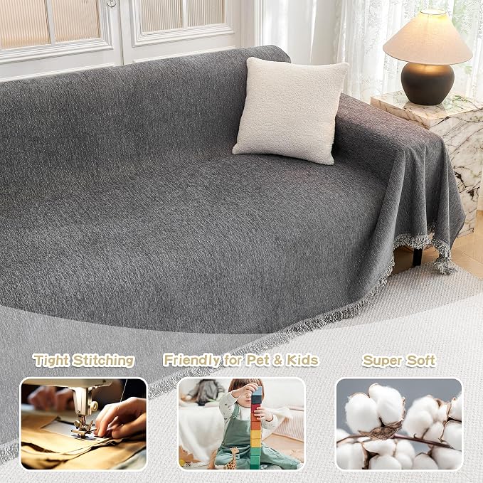 MYSKY HOME Couch Cover for Dogs Washable Couch Covers for 3 Cushion Couch Sofa Super Soft Sofa Slipcover Non Slip Sofa Cover, Chenille Sofa Covers for Dogs, Furniture Protector, 71"x150", Dark Grey