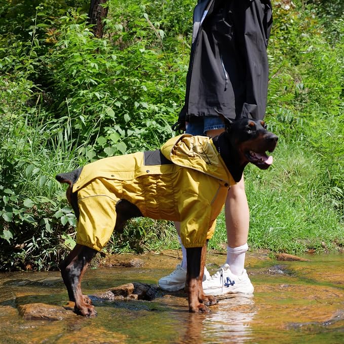 LOVELONGLONG Waterproof Dog Raincoat with Removable Hood – Outdoor Full Body Dog Jacket, Windproof Snowproof Shell Suit – All Season Pet Rain Gear Mustard Yellow S