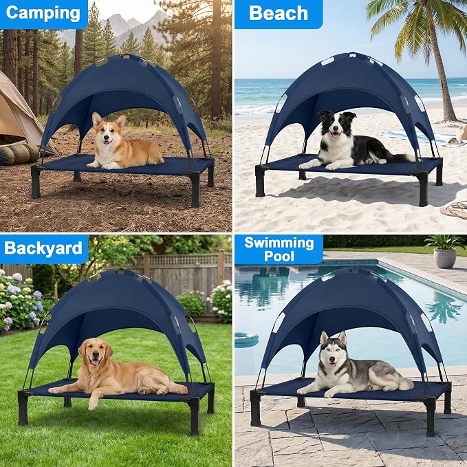 Elevated Dog Bed with Canopy, 42in Raised Pet Cot for Medium/Large Dogs up to 70lbs, Outdoor Portable Dog Tent with Removable Sun Shade & Breathable Mesh for Camping, Beach, and Backyard