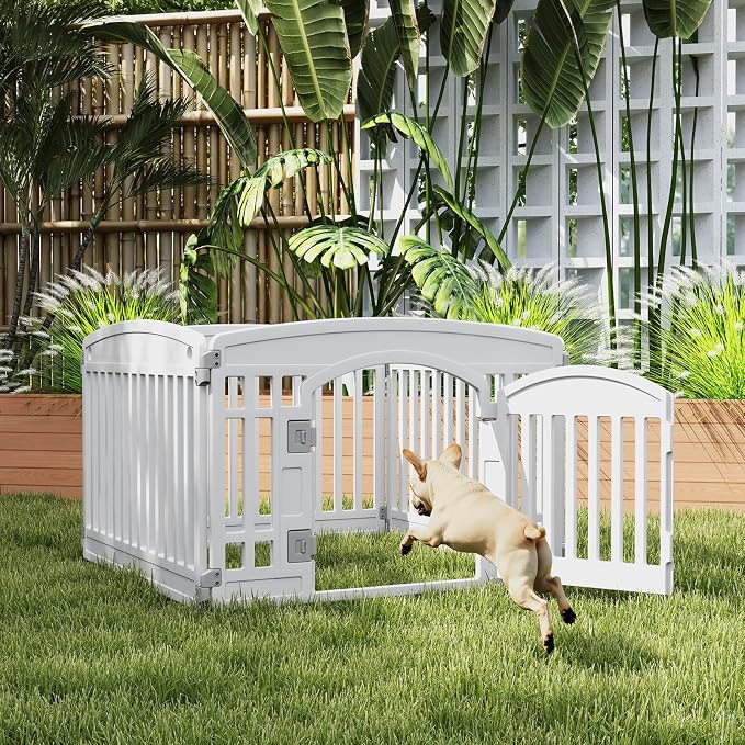 DUMOS Plastic Dog Playpen, 4 Panels 24 Inch Pet Fence Play Pen, White | Foldable, Indoor Outdoor Portable Exercise Playpen with Door, RV Camping, Puppy Small Medium Dog