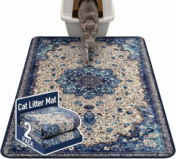Hompet Cat Litter Mat 2 Pack, 48x60 Large Machine Washable Trapping Mats for Cats, Super Absorbent & Urine-Proof Cat Litter Box Mat for Floor, Waterproof & Non Slip Kitty Litter Rug