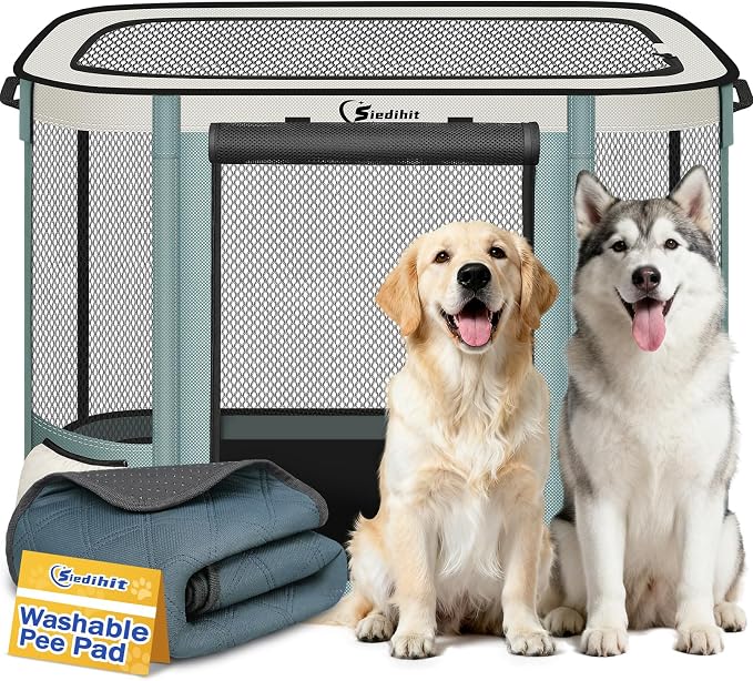Siedihit Dog Cat Playpen Crate with Washable Pee Pad, Reinforced Durable | Dog Cage, Portable Foldable Pet Kennel with Breathable Visibility (Grey with Pad, Extra Large)