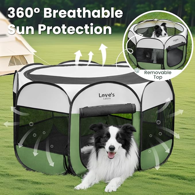 Love's cabin Pet Puppy Dog Playpen, Medium Dog Tent Crates Cage Indoor/Outdoor, Portable Playpen for Cat, Foldable Pop Up Dog Kennel Playpen with Carring Case, Removable Zipper Top, Olive Green