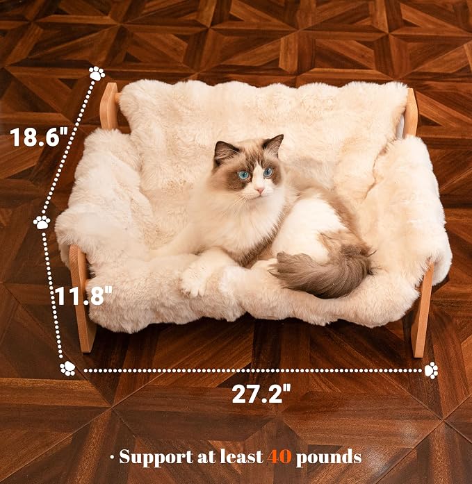 CHEERHOME PETS Elevated Cat Couch Bed for Indoor Cats, Wooden Cat Sofa with Removable Washable Fluffy Cover Raised Kitty Lounge Chair Suitable for Puppy(Cat Sofa Off-White)