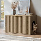 Evermagin 31.5" Cat Litter Box Enclosure Furniture | Oak Hidden Litter Box Cabinet, Modern Indoor Cat House, Fluted Kitty End Table for Living Room, Bedroom, Entryway