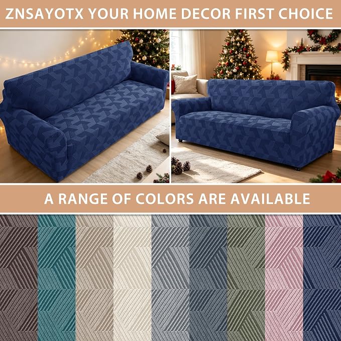 ZNSAYOTX Stretch Couch Covers for 3 Cushion Couch, 1-Piece Sofa Cover Slipcover Pet Friendly, Furniture Protector with Elastic Bottom for Dogs Geometrical Jacquard Fabric (Large, Navy Blue)