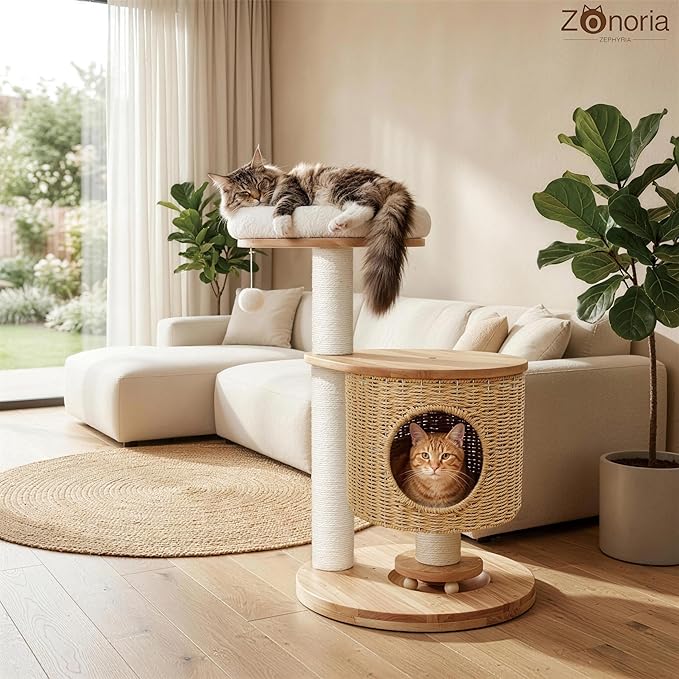 Solid Wood Cat Tree for Indoor Cats, Modern Cat Tower with Hand-Woven Condo & Sisal Scratching Post, Sturdy Wooden Cat Tree with Plush Perch, Aesthetic Cat Furniture for Small to Medium Cats