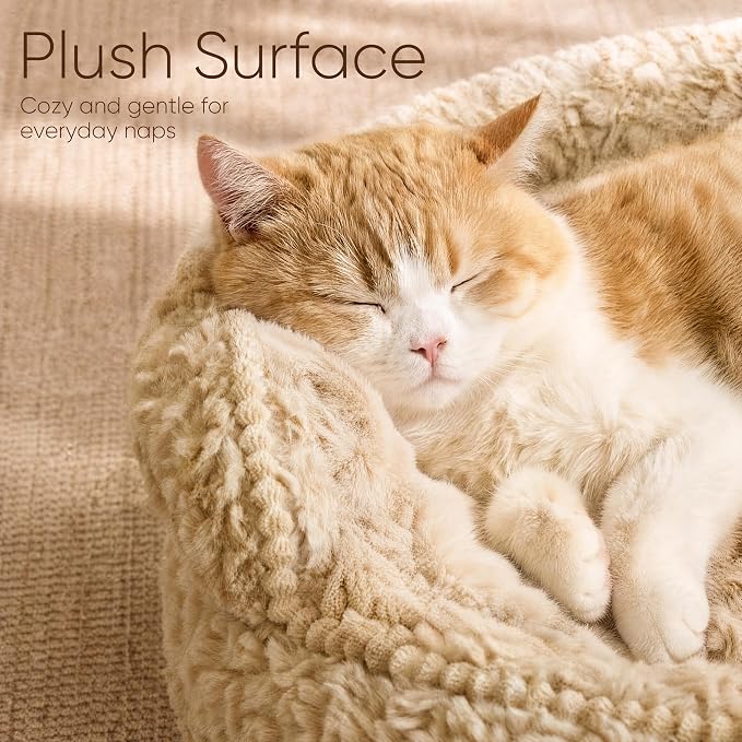 FUKUMARU Round Cat Bed, Plush Washable Calming Dog Bed with Low Entry | Raised Bolster Small Dog Bed, Soft Cozy Donut Cat Bed for Indoor Cats, Faux Rabbit Fur & Anti-Slip Bottom, 20 Inch, Camel
