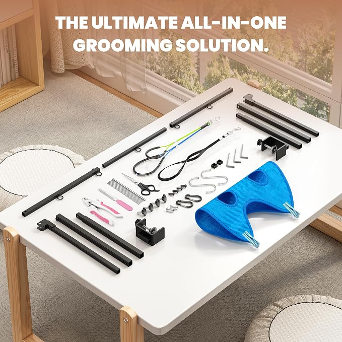 ALLPET&CO Double Bar Dog Grooming Arm with Hammock & Kit, 42" H Clamp Fits 2.76", Pet Grooming Table Stand for Nail Trimming Cats Dogs