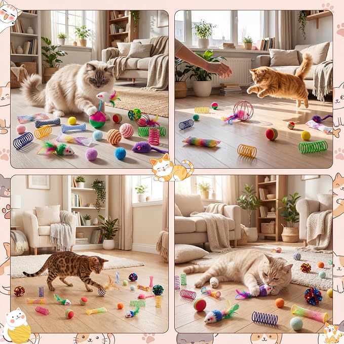 Leitee 151 Pcs Cat Interactive Toys for Indoor Cats Bulk with Gift Storage Bag Kitten Toys Stuff Gift Set Including Springs Mice Balls Bells Sisal Ball for Indoor Kitty Play Exercise (Bright)