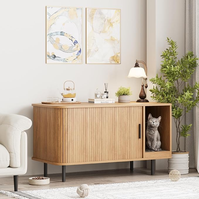 Halitaa 37.4" Cat Litter Box Enclosure with Scratch Pad, Sliding Door | Litter Box Enclosure Furniture Hidden Litter Box, Modern Indoor Cat House, TV Stand, Side End Table for Living Room, Natural