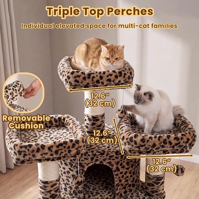 Cat Tree, 81.1" Tall Heavy Duty Cat Tower for Large Cats VCT032BW | Cat Furniture with 3 Wide Platforms, Diamond-Shaped Condo 2 Sisal Scratchers, Hammock & Stable Base, Leopard Print
